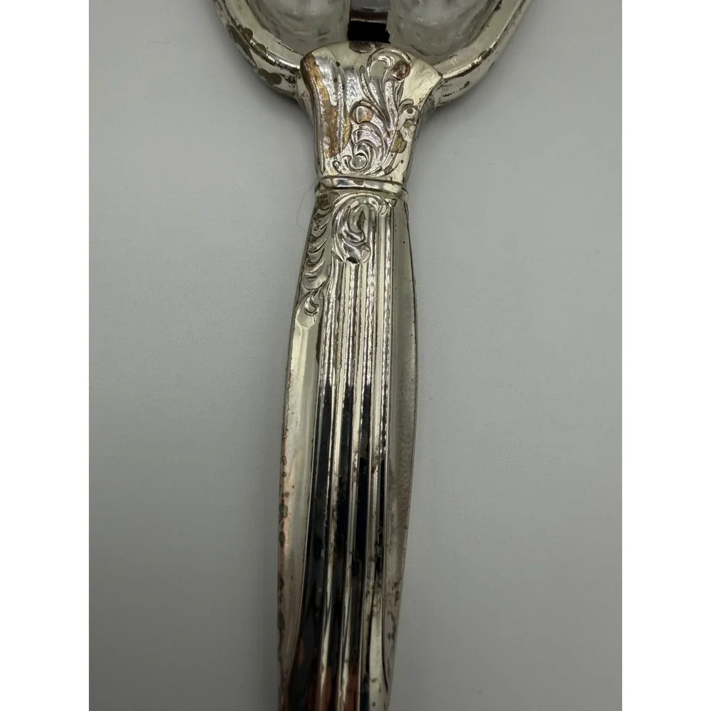 Vintage Silver Tone Repousse Hand Mirror and Brush Vanity Set Floral Lace Detail